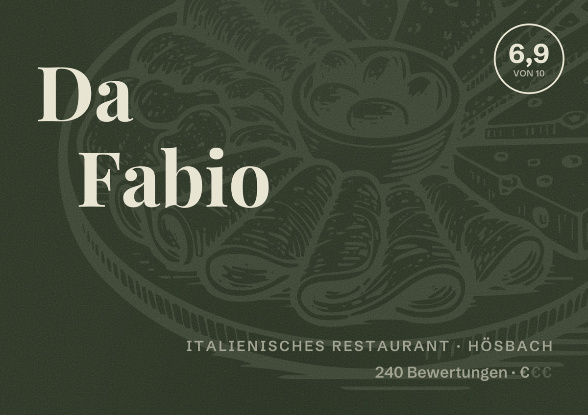 Illustriertes Poster von Da Fabio, Italienisches Restaurant in Hösbach: Bewertung 6,9 von 10 aus 240 Bewertungen, Preisniveau €