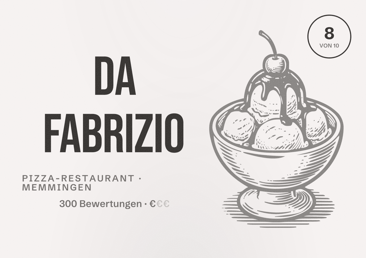 Illustriertes Poster von Da Fabrizio, Pizza-Restaurant in Memmingen: Bewertung 8 von 10 aus 300 Bewertungen, Preisniveau €