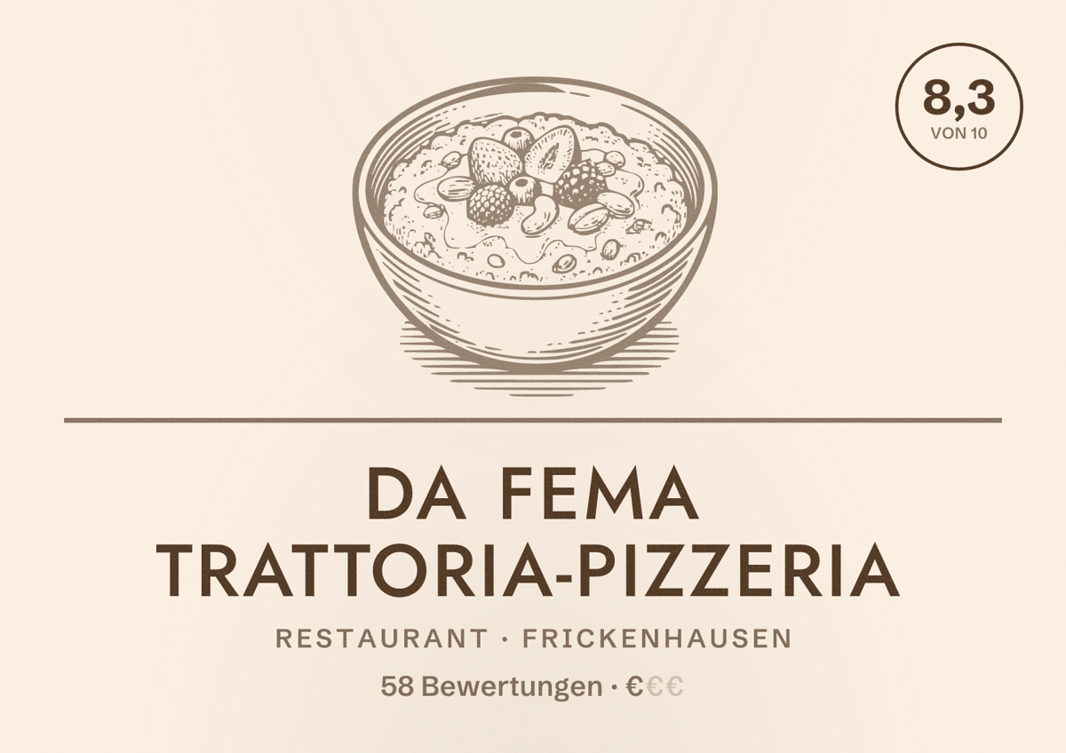 Illustriertes Poster von da FeMa Trattoria-Pizzeria, Restaurant in Frickenhausen: Bewertung 8,3 von 10 aus 58 Bewertungen, Preisniveau €