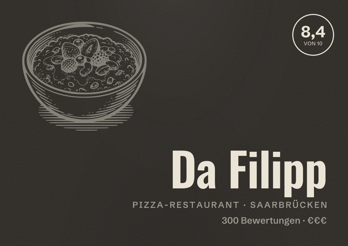Illustriertes Poster von Da Filipp, Pizza-Restaurant in Saarbrücken: Bewertung 8,4 von 10 aus 300 Bewertungen, Preisniveau €€€