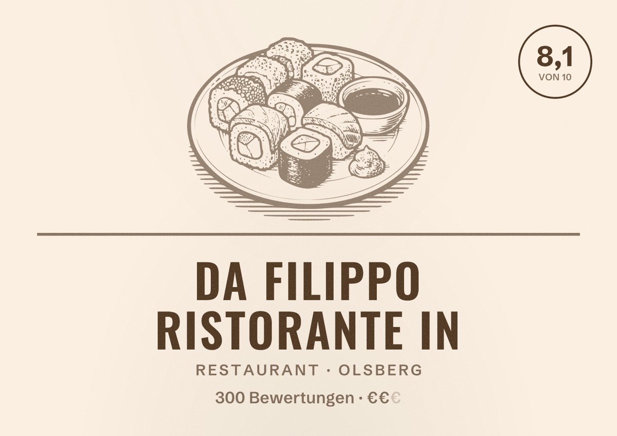 Illustriertes Poster von Da Filippo Ristorante in, Restaurant in Olsberg: Bewertung 8,1 von 10 aus 300 Bewertungen, Preisniveau €€