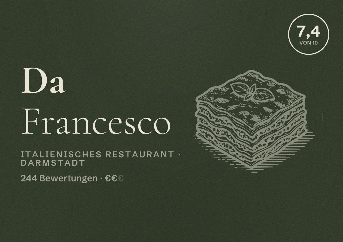 Illustriertes Poster von Da Francesco, Italienisches Restaurant in Darmstadt: Bewertung 7,4 von 10 aus 244 Bewertungen, Preisniveau €€