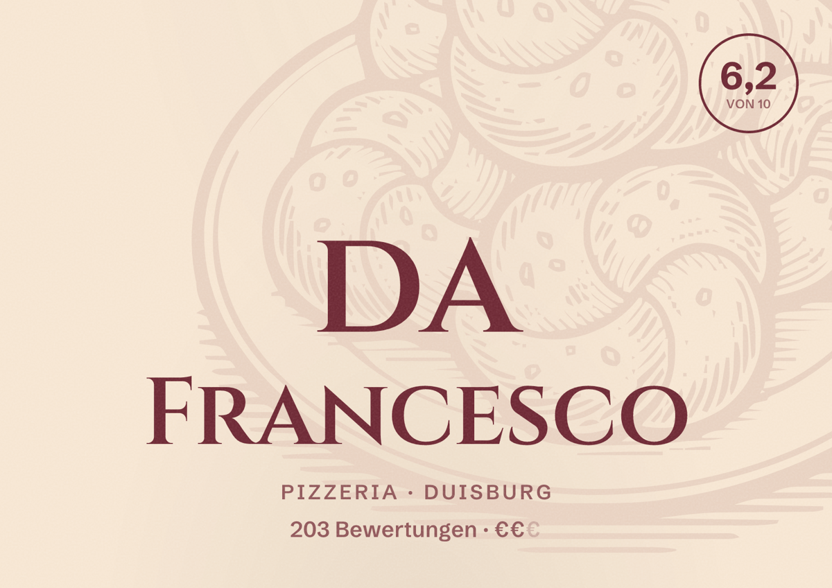 Illustriertes Poster von da Francesco, Pizzeria in Duisburg: Gästebewertung 6,2 von 10 aus 203 Bewertungen