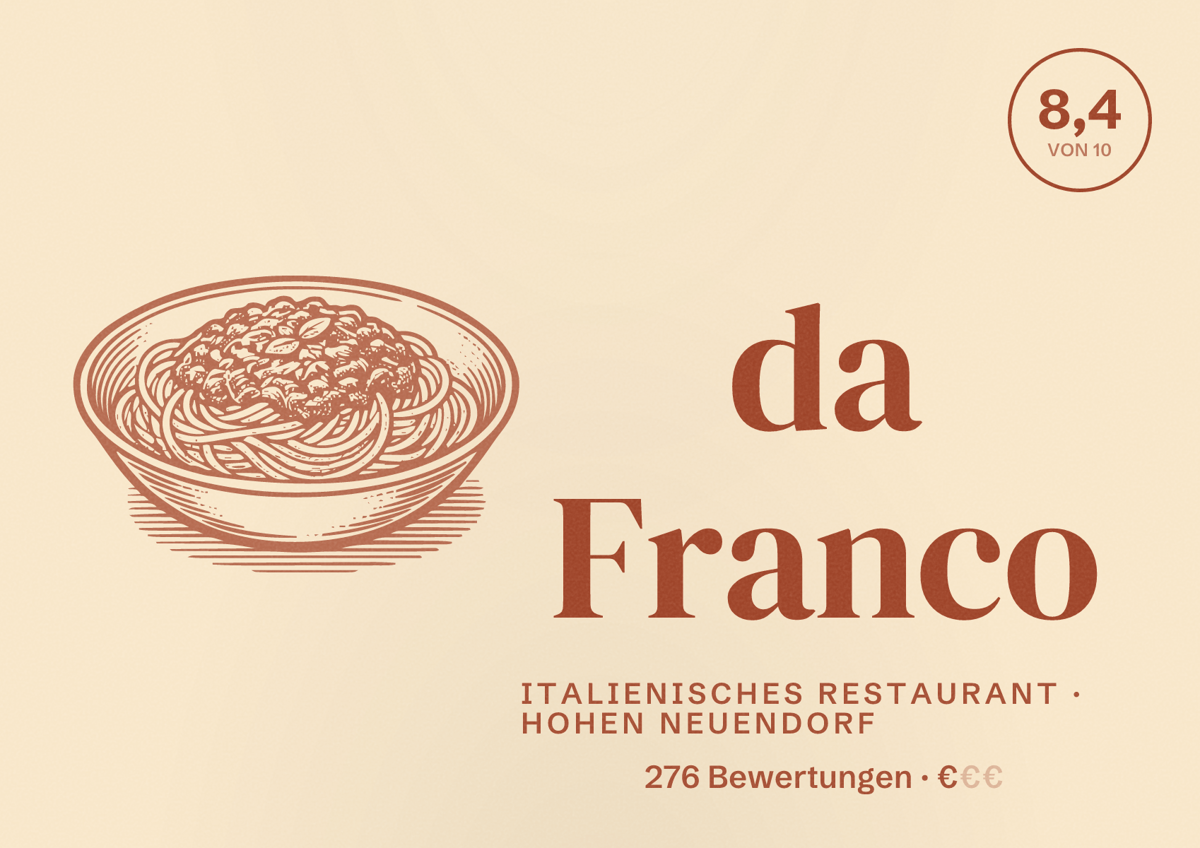 Illustriertes Poster von da Franco, Italienisches Restaurant in Hohen Neuendorf: Bewertung 8,4 von 10 aus 276 Bewertungen, Preisniveau €