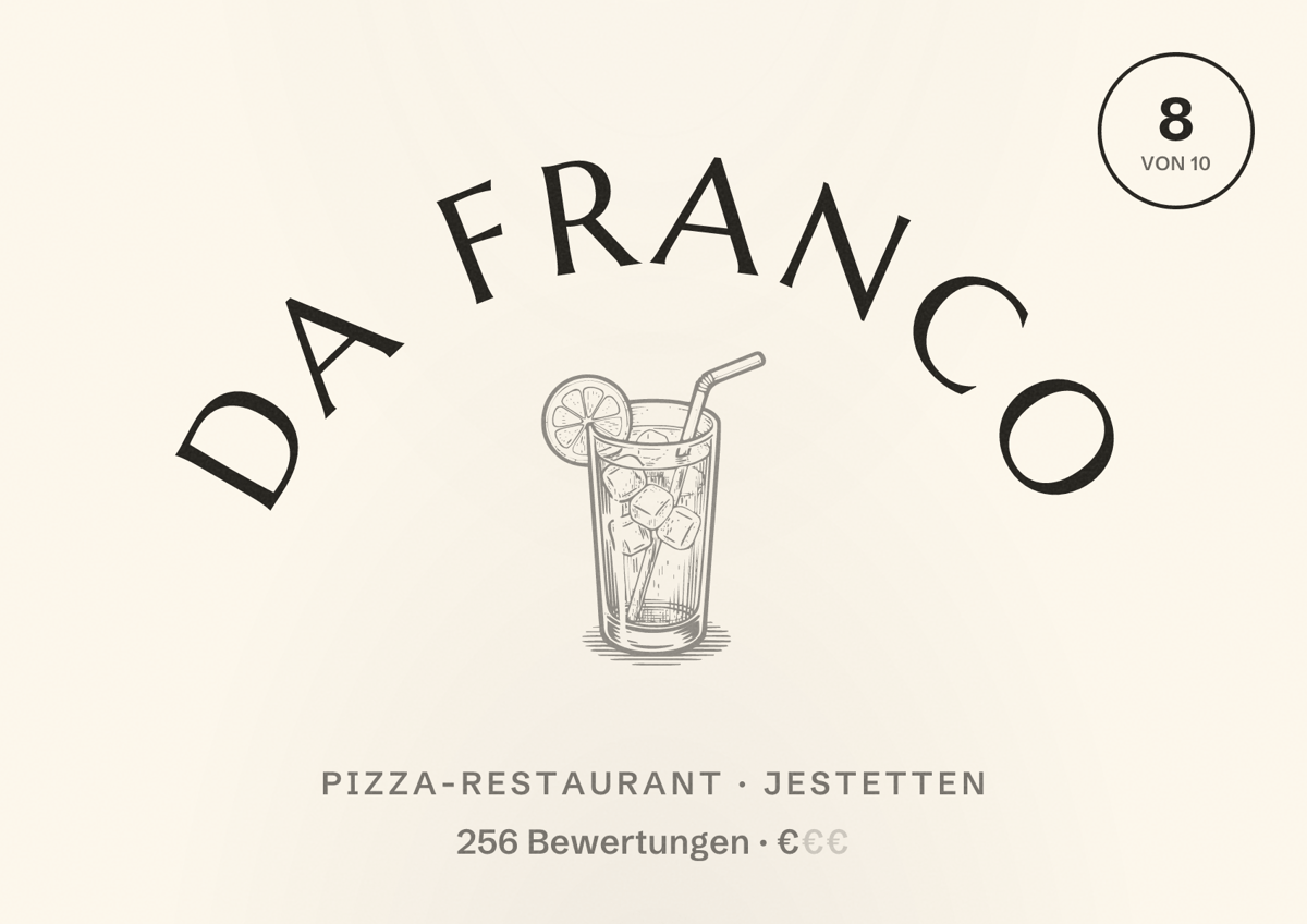 Illustriertes Poster von Da Franco, Pizza-Restaurant in Jestetten: Bewertung 8 von 10 aus 256 Bewertungen, Preisniveau €