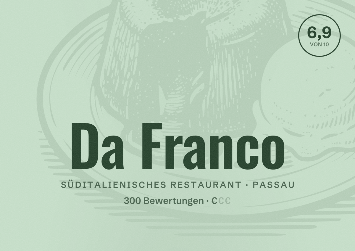 Illustriertes Poster von Da Franco, Süditalienisches Restaurant in Passau: Bewertung 6,9 von 10 aus 300 Bewertungen, Preisniveau €