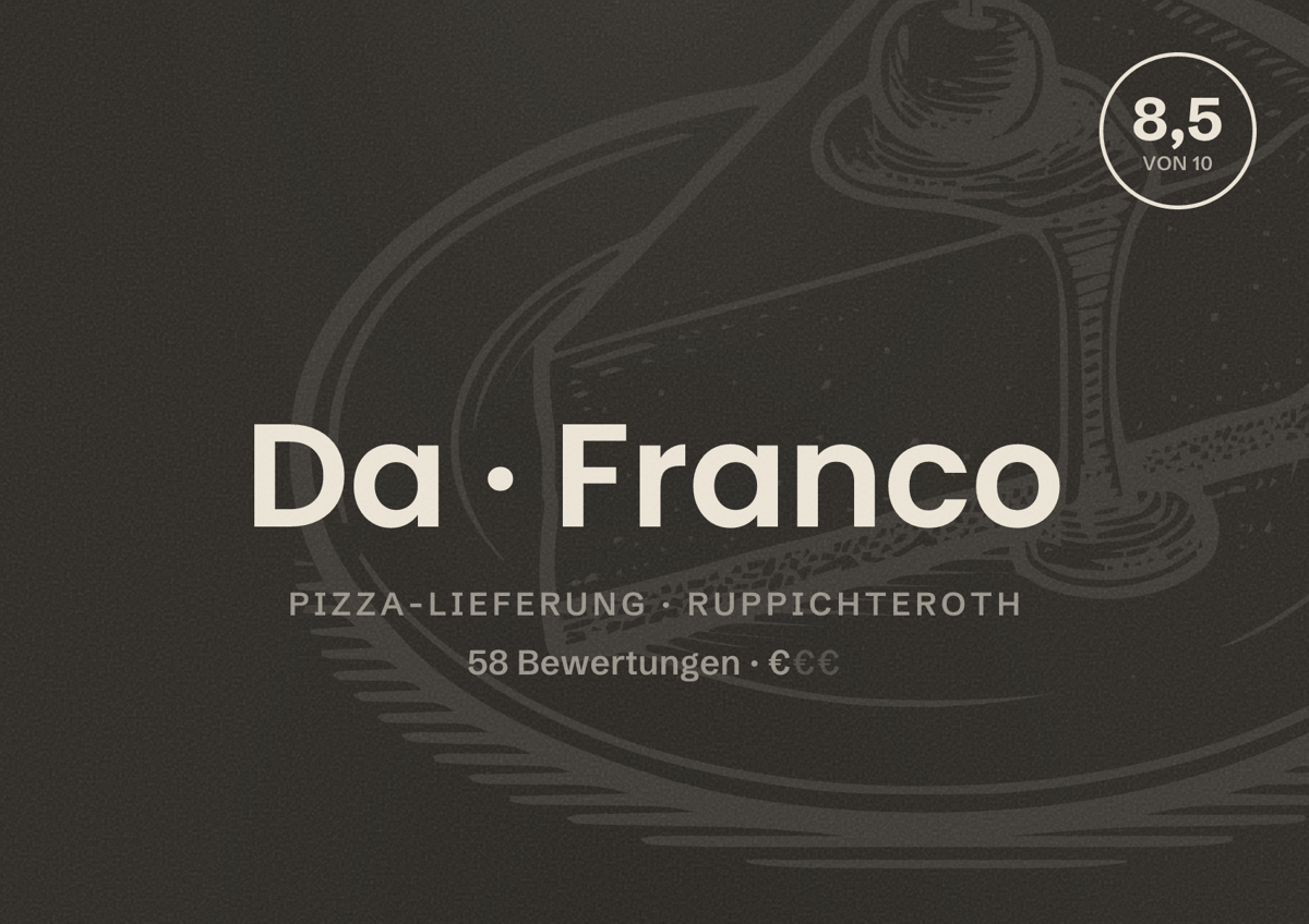 Illustriertes Poster von Da Franco, Pizza-Lieferung in Ruppichteroth: Bewertung 8,5 von 10 aus 58 Bewertungen, Preisniveau €
