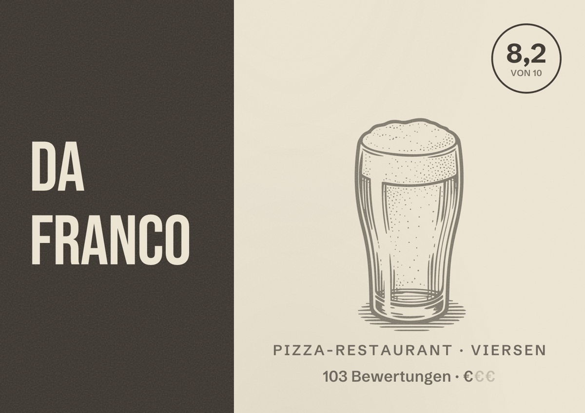 Illustriertes Poster von Da Franco, Pizza-Restaurant in Viersen: Bewertung 8,2 von 10 aus 103 Bewertungen, Preisniveau €