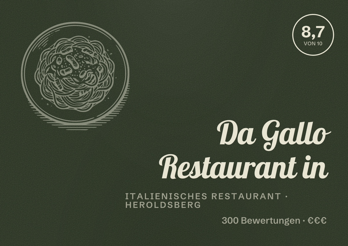 Illustriertes Poster von Da Gallo Restaurant in, Italienisches Restaurant in Heroldsberg: Bewertung 8,7 von 10 aus 300 Bewertungen, Preisniveau €€€