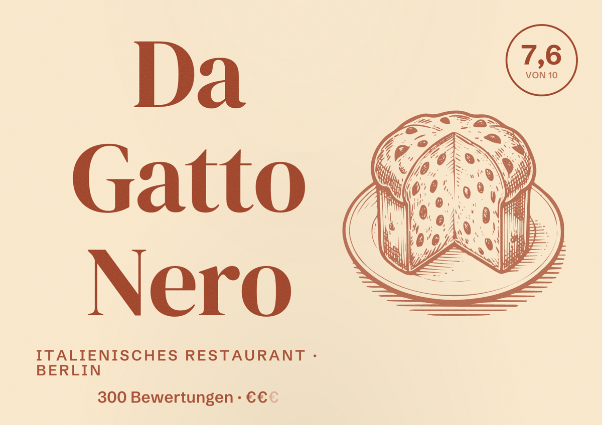 Illustriertes Poster von Da Gatto Nero, Italienisches Restaurant in Berlin: Bewertung 7,6 von 10 aus 300 Bewertungen, Preisniveau €€