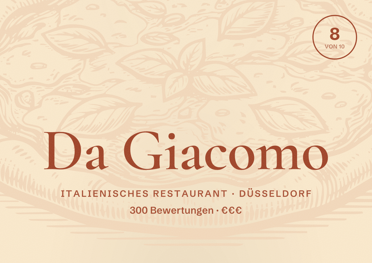 Illustriertes Poster von Da Giacomo, Italienisches Restaurant in Düsseldorf: Bewertung 8 von 10 aus 300 Bewertungen, Preisniveau €€€