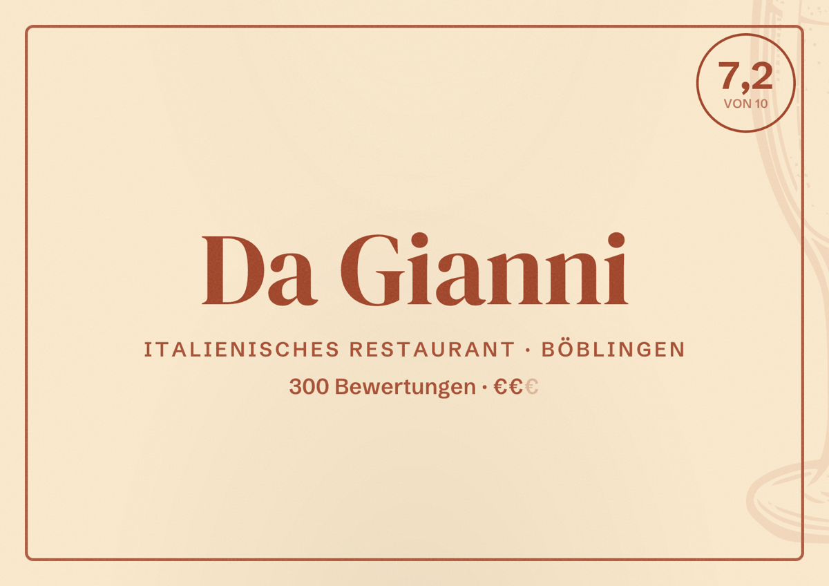 Illustriertes Poster von Da Gianni, Italienisches Restaurant in Böblingen: Bewertung 7,2 von 10 aus 300 Bewertungen, Preisniveau €€