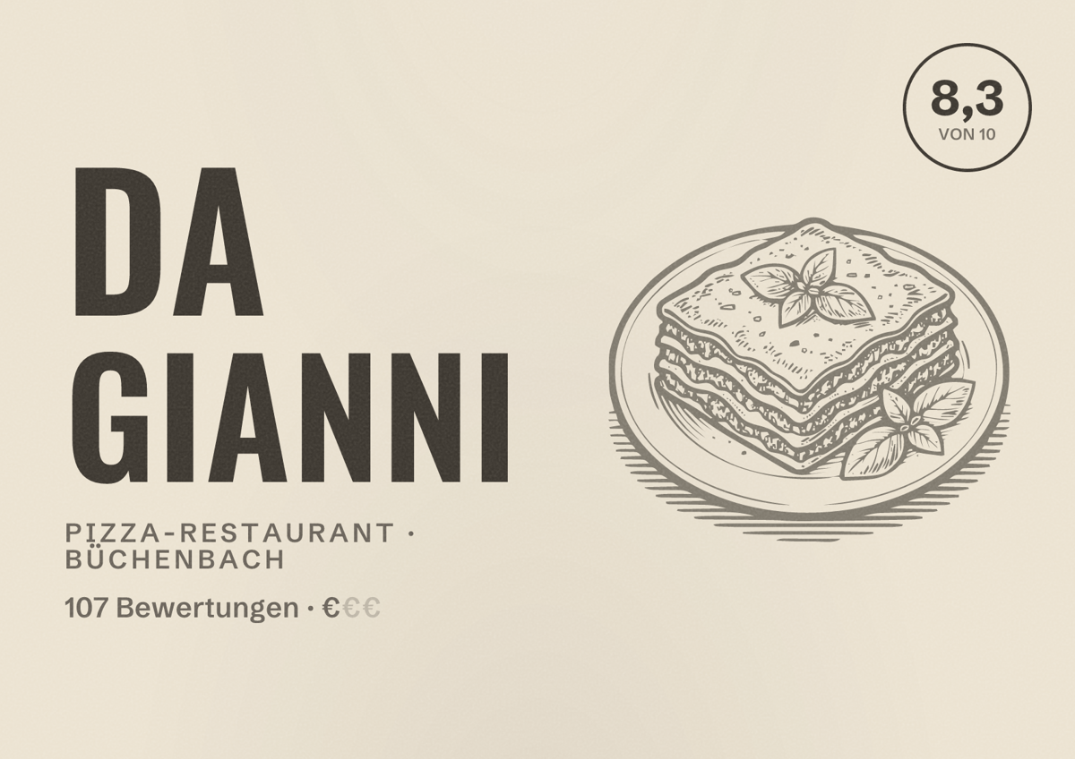 Illustriertes Poster von Da Gianni, Pizza-Restaurant in Büchenbach: Bewertung 8,3 von 10 aus 107 Bewertungen, Preisniveau €