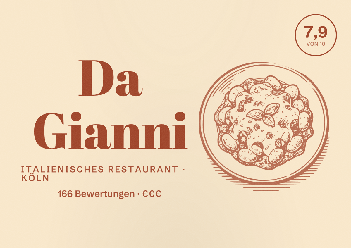 Illustriertes Poster von Da Gianni, Italienisches Restaurant in Köln: Bewertung 7,9 von 10 aus 166 Bewertungen, Preisniveau €€€