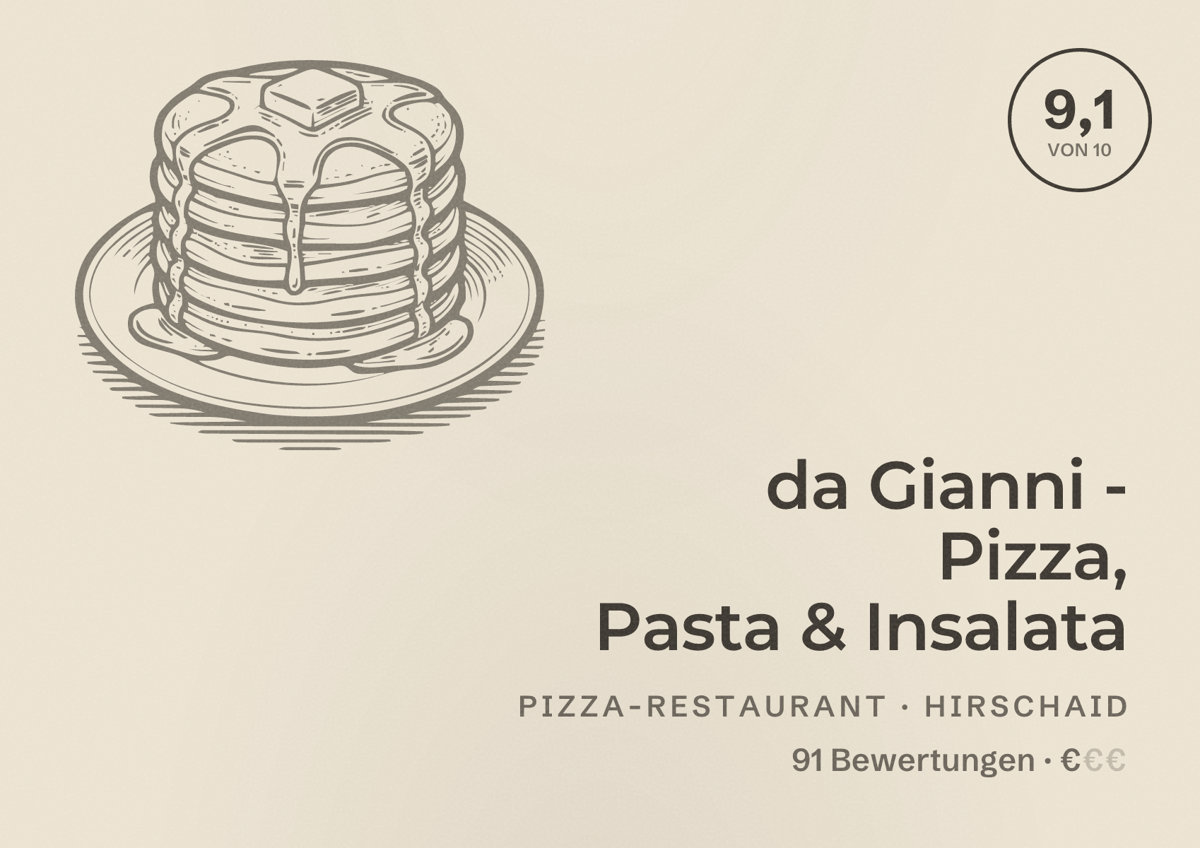 Illustriertes Poster von da Gianni - Pizza, Pasta & Insalata, Pizza-Restaurant in Hirschaid: Bewertung 9,1 von 10 aus 91 Bewertungen, Preisniveau €