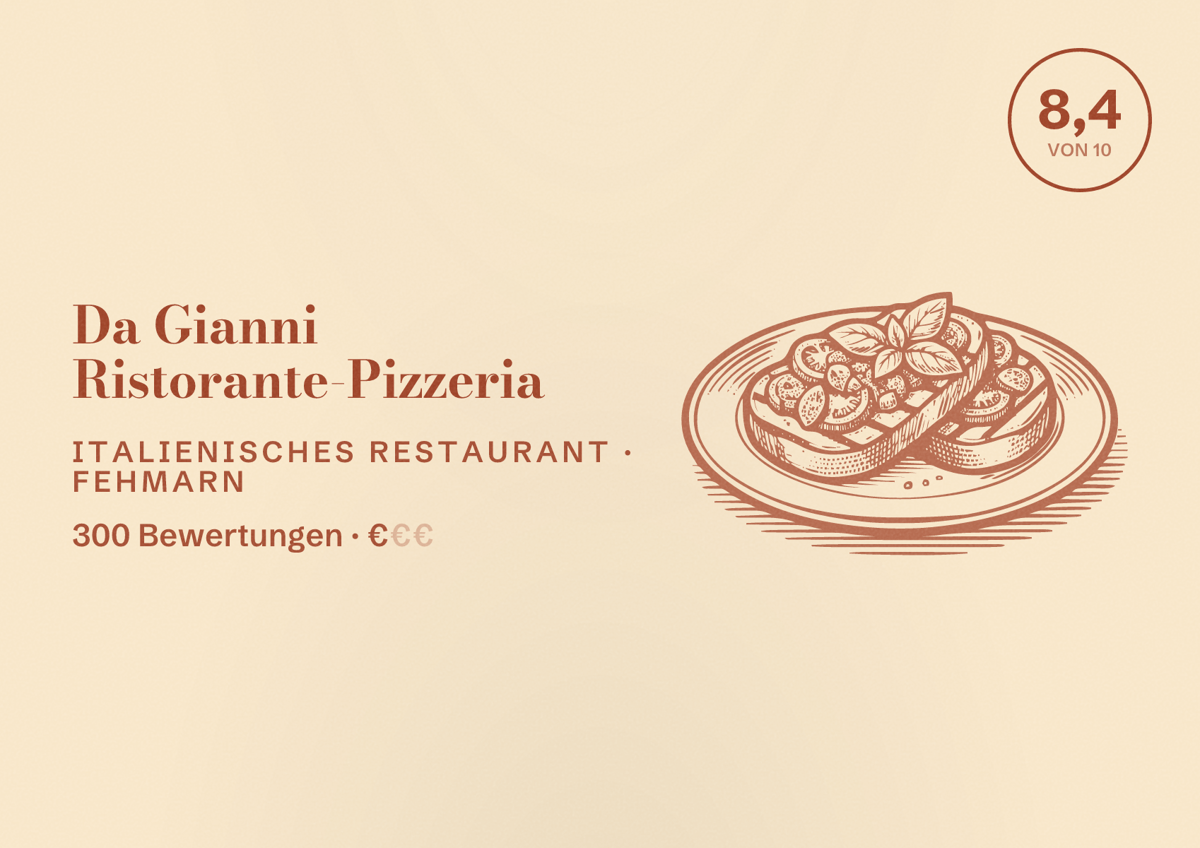 Illustriertes Poster von Da Gianni Ristorante-Pizzeria, Italienisches Restaurant in Fehmarn: Bewertung 8,4 von 10 aus 300 Bewertungen, Preisniveau €