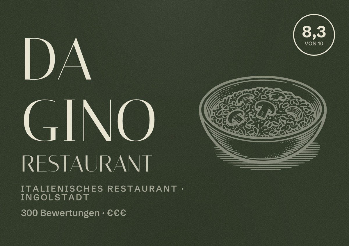 Illustriertes Poster von Da Gino Restaurant -, Italienisches Restaurant in Ingolstadt: Bewertung 8,3 von 10 aus 300 Bewertungen, Preisniveau €€€