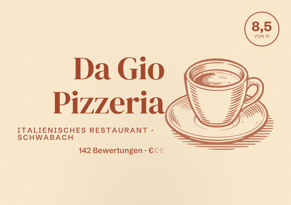Illustriertes Poster von Da Gio Pizzeria, Italienisches Restaurant in Schwabach: Bewertung 8,5 von 10 aus 142 Bewertungen, Preisniveau €