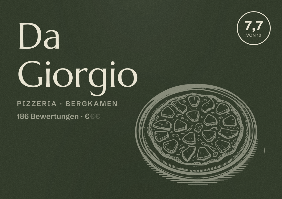 Illustriertes Poster von Da Giorgio, Pizzeria in Bergkamen: Bewertung 7,7 von 10 aus 186 Bewertungen, Preisniveau €