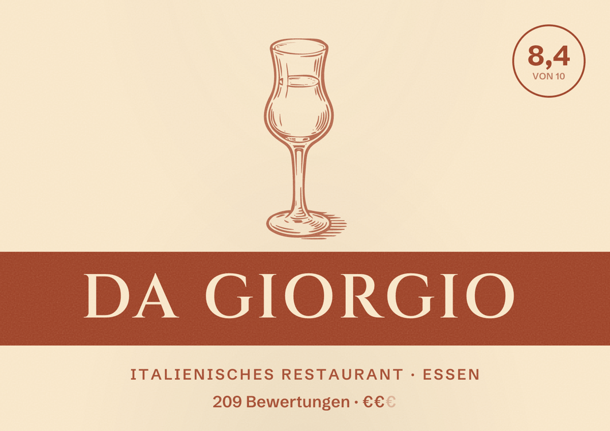 Illustriertes Poster von DA GIORGIO, Italienisches Restaurant in Essen: Bewertung 8,4 von 10 aus 209 Bewertungen, Preisniveau €€