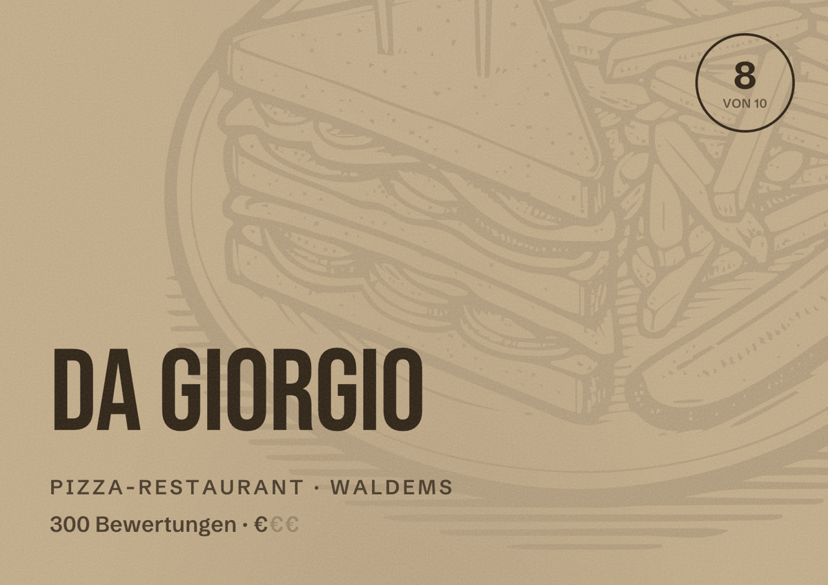 Illustriertes Poster von Da Giorgio, Pizza-Restaurant in Waldems: Bewertung 8 von 10 aus 300 Bewertungen, Preisniveau €