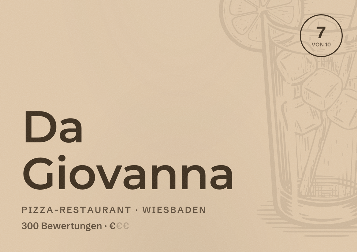 Illustriertes Poster von Da Giovanna, Pizza-Restaurant in Wiesbaden: Bewertung 7,0 von 10 aus 300 Bewertungen, Preisniveau €