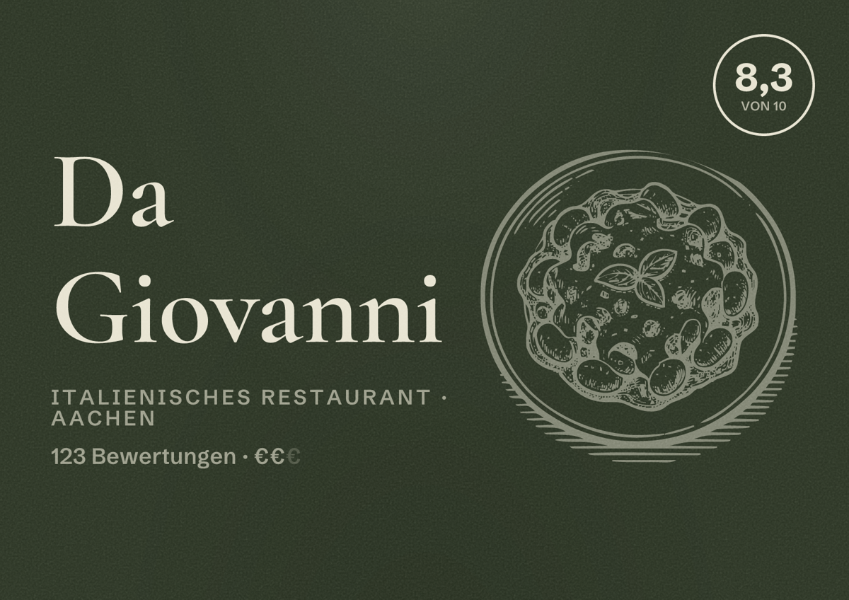 Illustriertes Poster von Da Giovanni, Italienisches Restaurant in Aachen: Bewertung 8,3 von 10 aus 123 Bewertungen, Preisniveau €€
