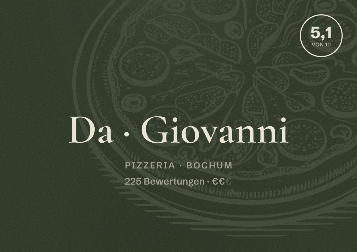 Illustriertes Poster von Da Giovanni, Pizzeria in Bochum: Gästebewertung 5,1 von 10 aus 225 Bewertungen