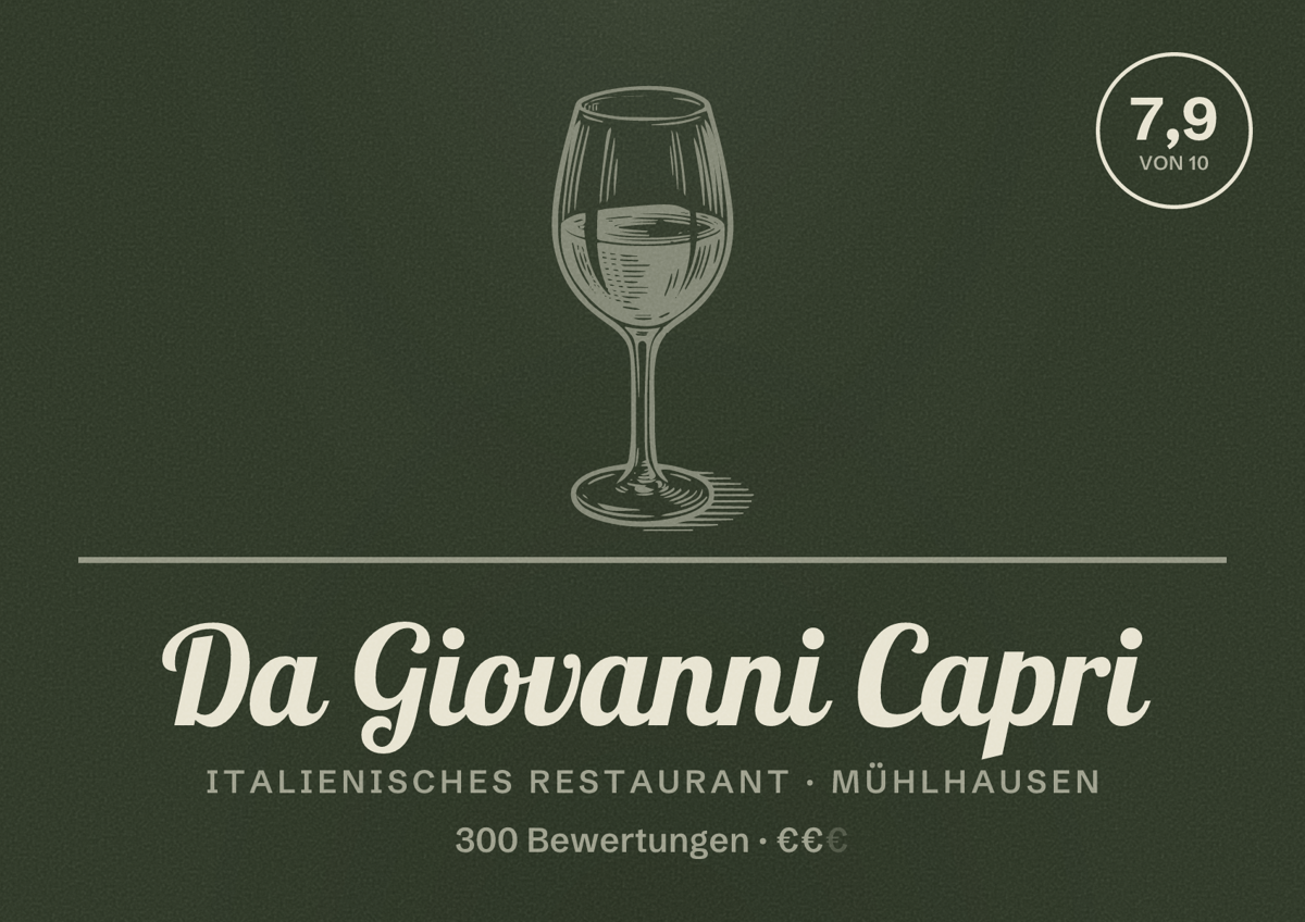 Illustriertes Poster von Da Giovanni Capri, Italienisches Restaurant in Mühlhausen: Bewertung 7,9 von 10 aus 300 Bewertungen, Preisniveau €€
