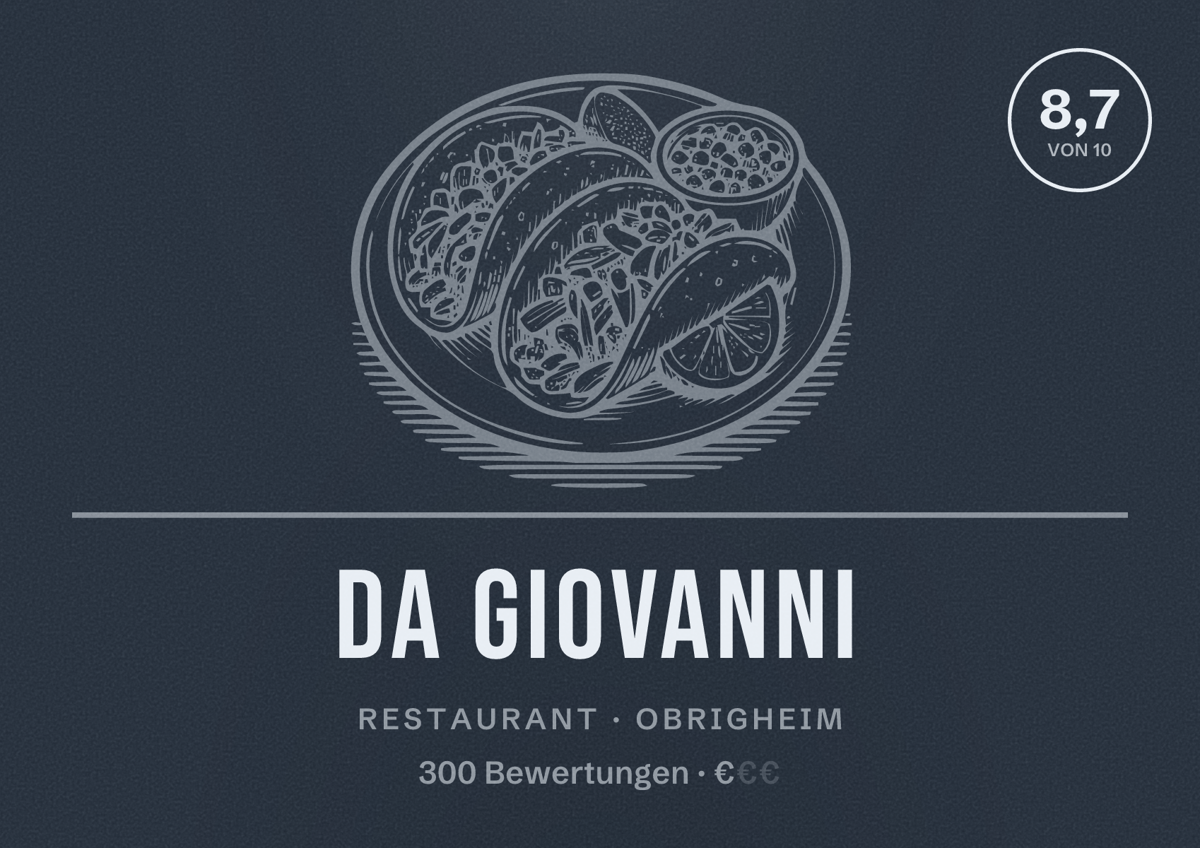 Illustriertes Poster von Da Giovanni, Restaurant in Obrigheim: Bewertung 8,7 von 10 aus 300 Bewertungen, Preisniveau €