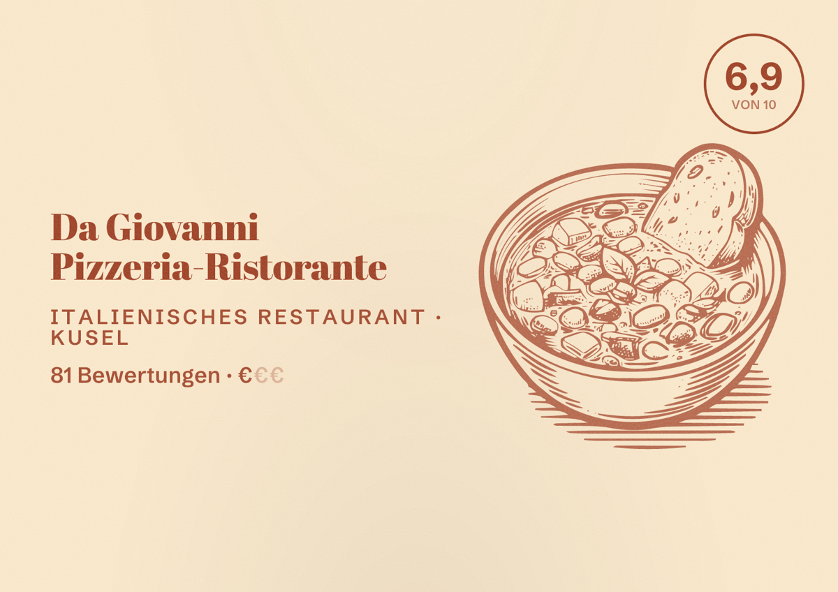 Illustriertes Poster von Da Giovanni Pizzeria-Ristorante, Italienisches Restaurant in Kusel: Bewertung 6,9 von 10 aus 81 Bewertungen, Preisniveau €