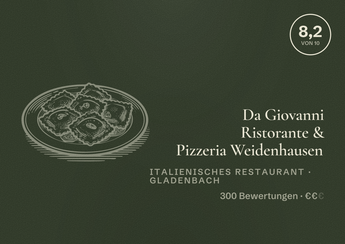 Illustriertes Poster von Da Giovanni Ristorante & Pizzeria Weidenhausen, Italienisches Restaurant in Gladenbach: Bewertung 8,2 von 10 aus 300 Bewertungen, Preisniveau €€
