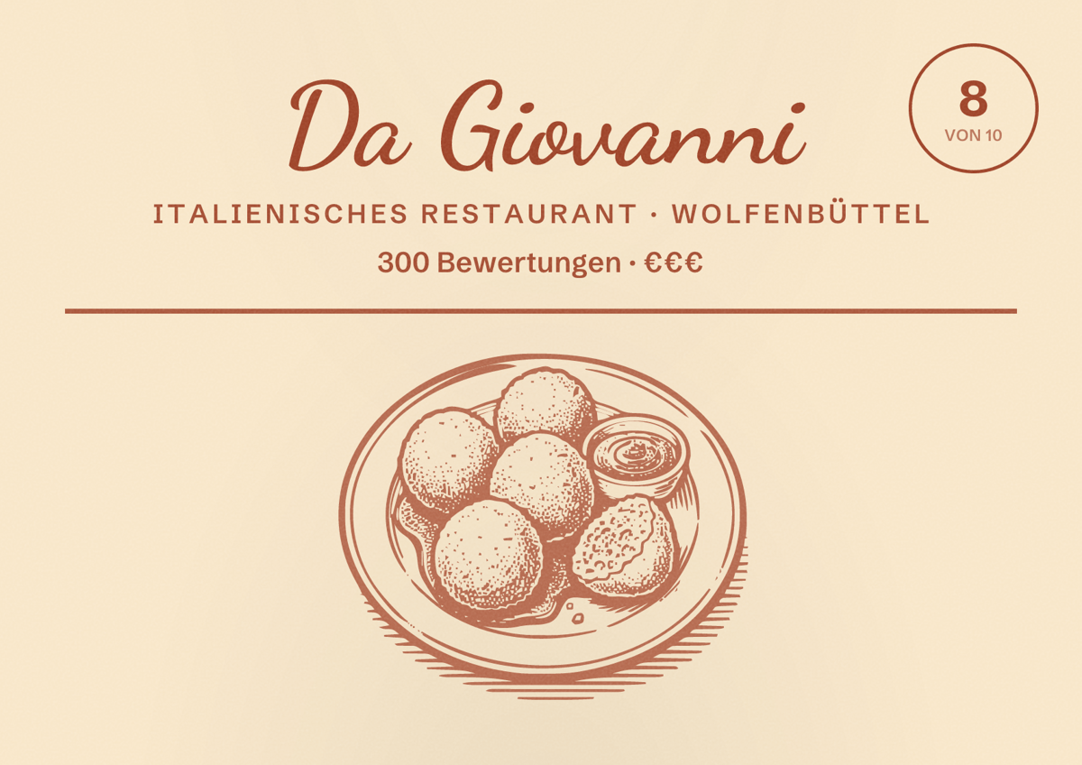Illustriertes Poster von Da Giovanni, Italienisches Restaurant in Wolfenbüttel: Bewertung 8 von 10 aus 300 Bewertungen, Preisniveau €€€