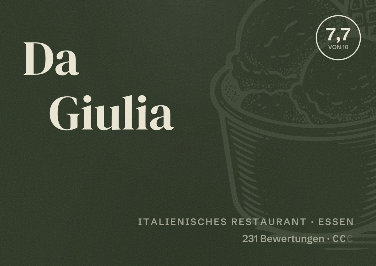 Illustriertes Poster von Da Giulia, Italienisches Restaurant in Essen: Bewertung 7,7 von 10 aus 231 Bewertungen, Preisniveau €€