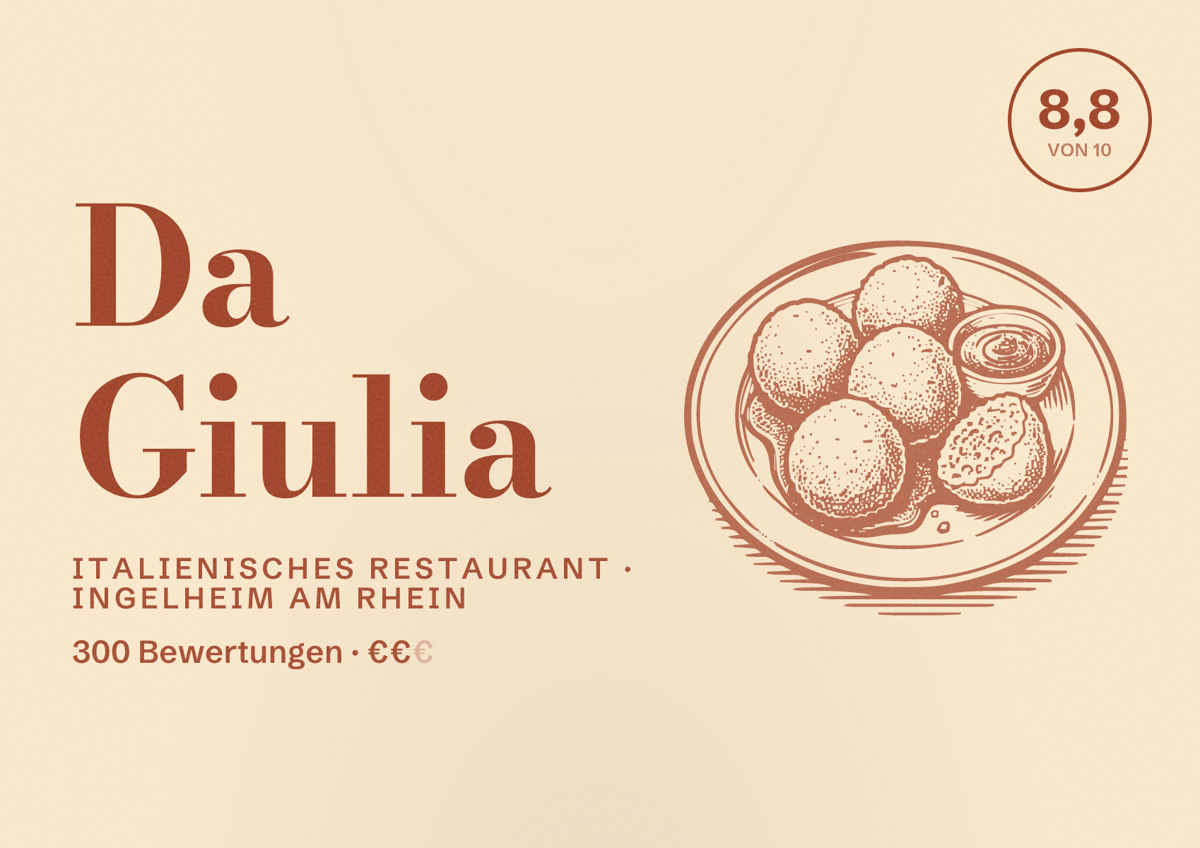 Illustriertes Poster von Da Giulia, Italienisches Restaurant in Ingelheim am Rhein: Bewertung 8,8 von 10 aus 300 Bewertungen, Preisniveau €€