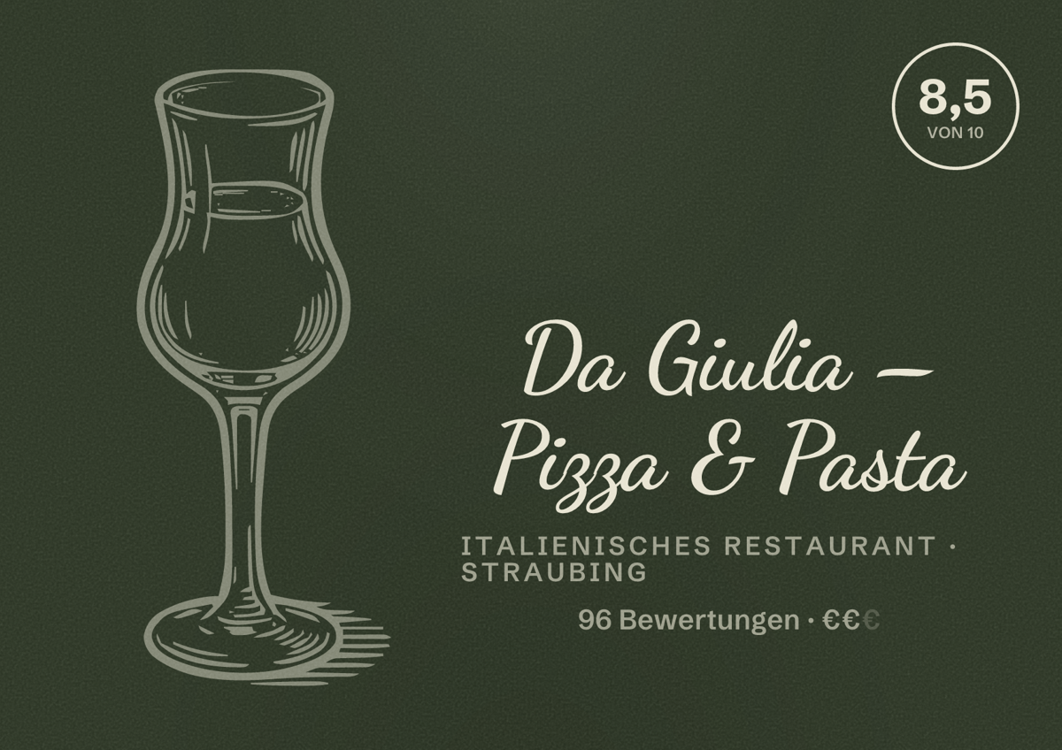 Illustriertes Poster von Da Giulia – Pizza & Pasta, Italienisches Restaurant in Straubing: Bewertung 8,5 von 10 aus 96 Bewertungen, Preisniveau €€