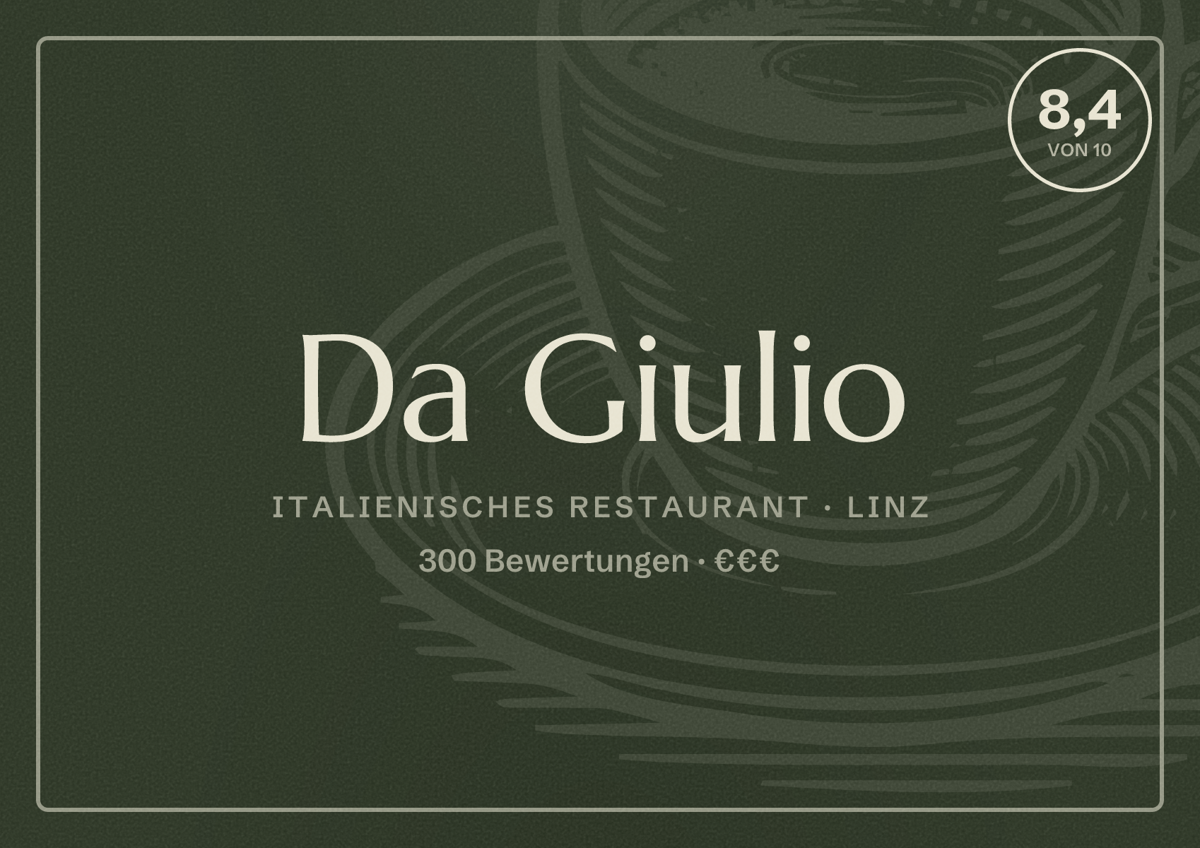 Illustriertes Poster von Da Giulio, Italienisches Restaurant in Linz: Bewertung 8,4 von 10 aus 300 Bewertungen, Preisniveau €€€