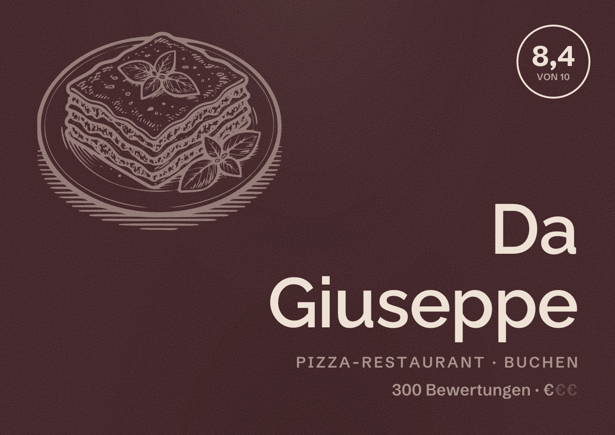 Illustriertes Poster von Da Giuseppe, Pizza-Restaurant in Buchen: Bewertung 8,4 von 10 aus 300 Bewertungen, Preisniveau €