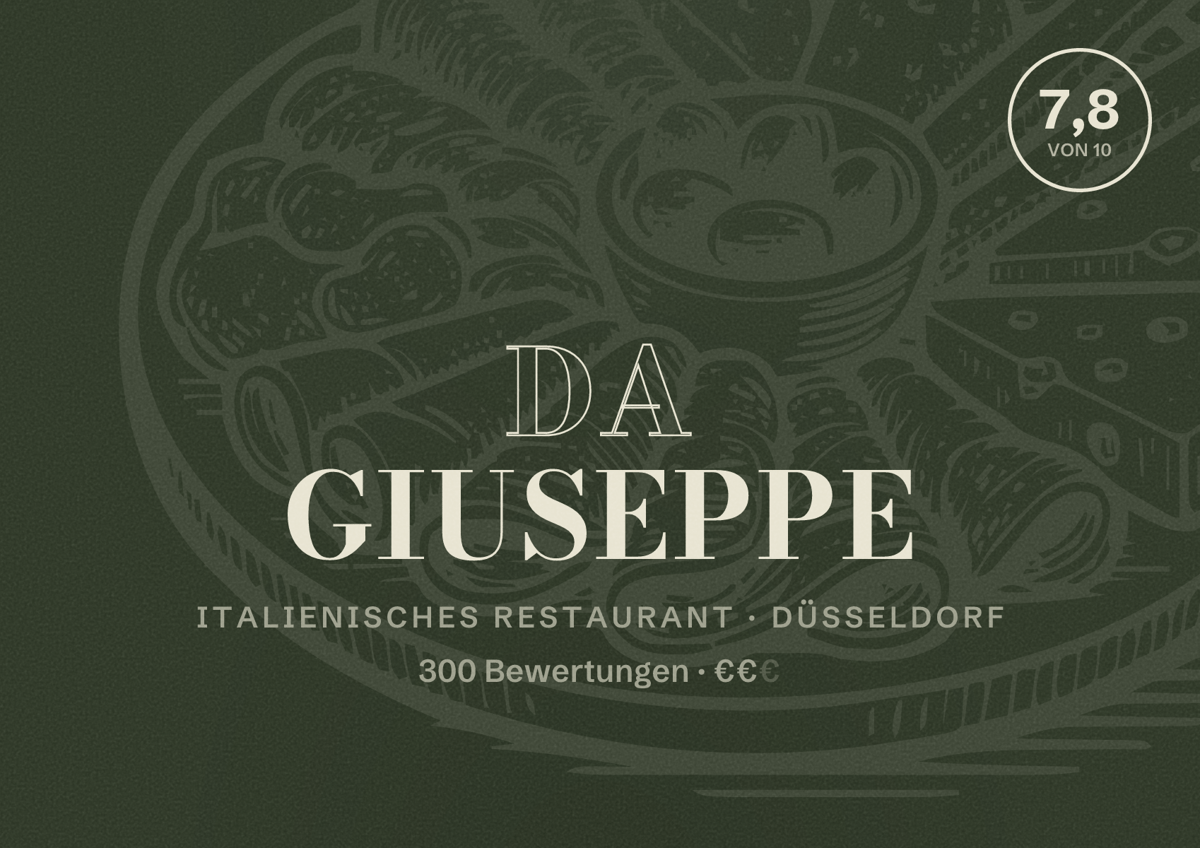 Illustriertes Poster von Da Giuseppe, Italienisches Restaurant in Düsseldorf: Bewertung 7,8 von 10 aus 300 Bewertungen, Preisniveau €€