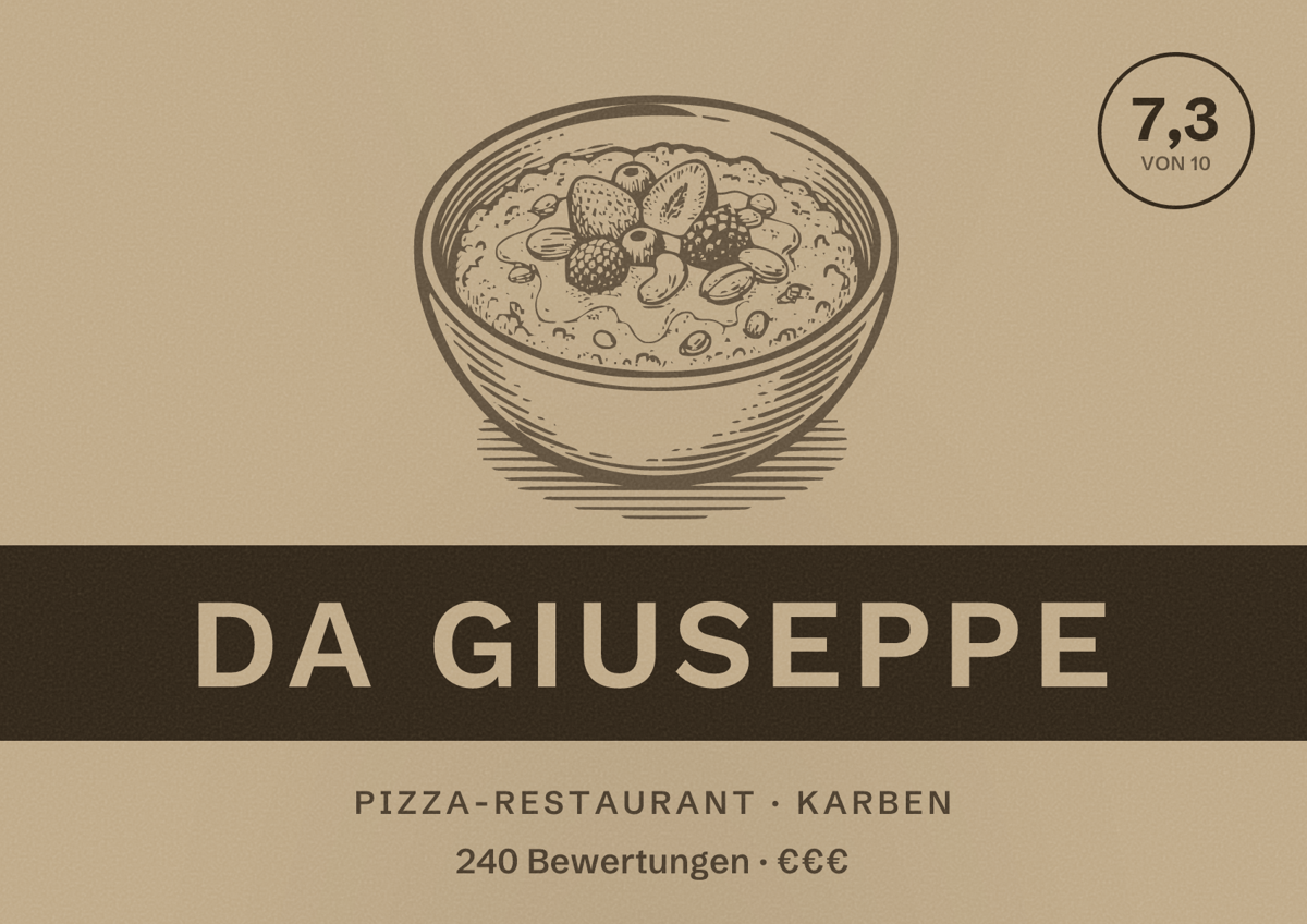 Illustriertes Poster von Da Giuseppe, Pizza-Restaurant in Karben: Bewertung 7,3 von 10 aus 240 Bewertungen, Preisniveau €€€