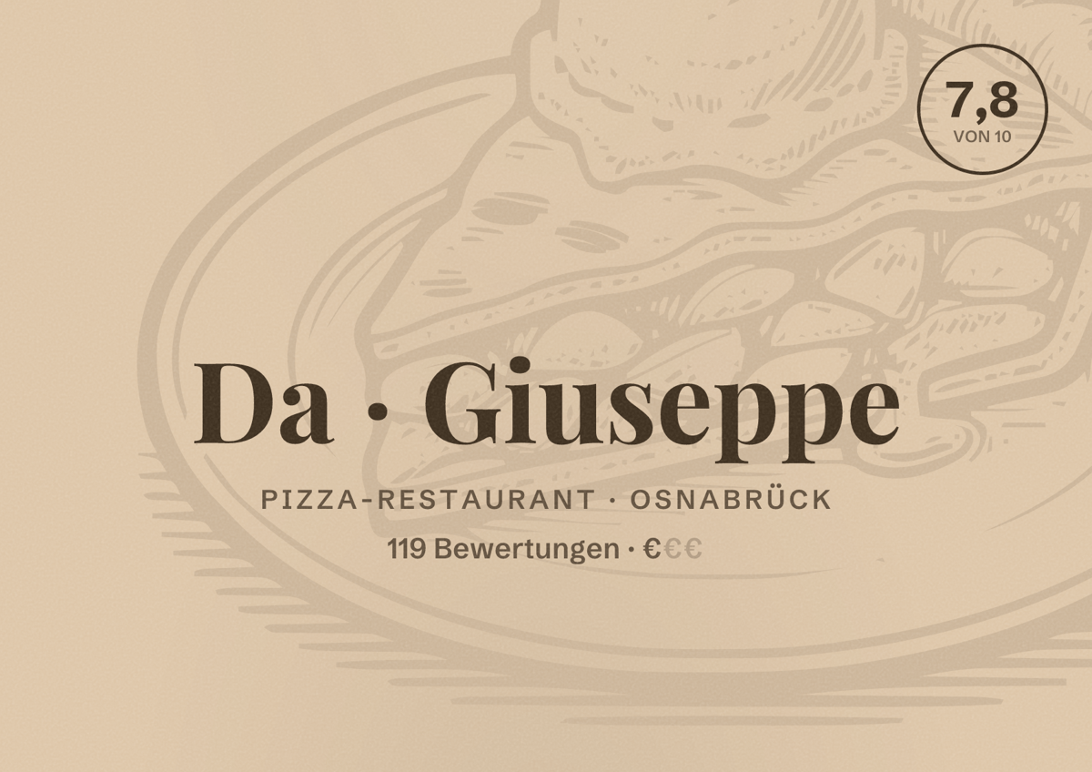 Illustriertes Poster von Da Giuseppe, Pizza-Restaurant in Osnabrück: Bewertung 7,8 von 10 aus 119 Bewertungen, Preisniveau €