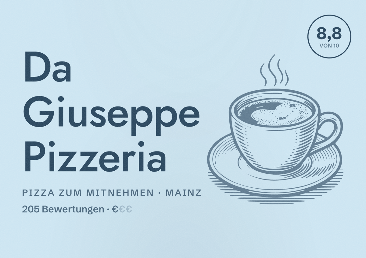 Illustriertes Poster von Da Giuseppe Pizzeria, Pizza zum Mitnehmen in Mainz: Bewertung 8,8 von 10 aus 205 Bewertungen, Preisniveau €