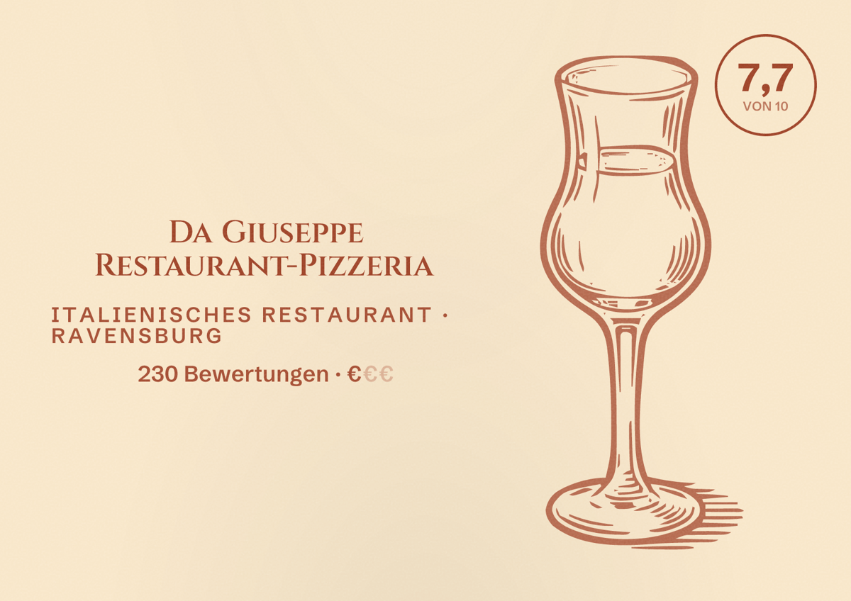 Illustriertes Poster von Da Giuseppe Restaurant-Pizzeria, Italienisches Restaurant in Ravensburg: Bewertung 7,7 von 10 aus 230 Bewertungen, Preisniveau €