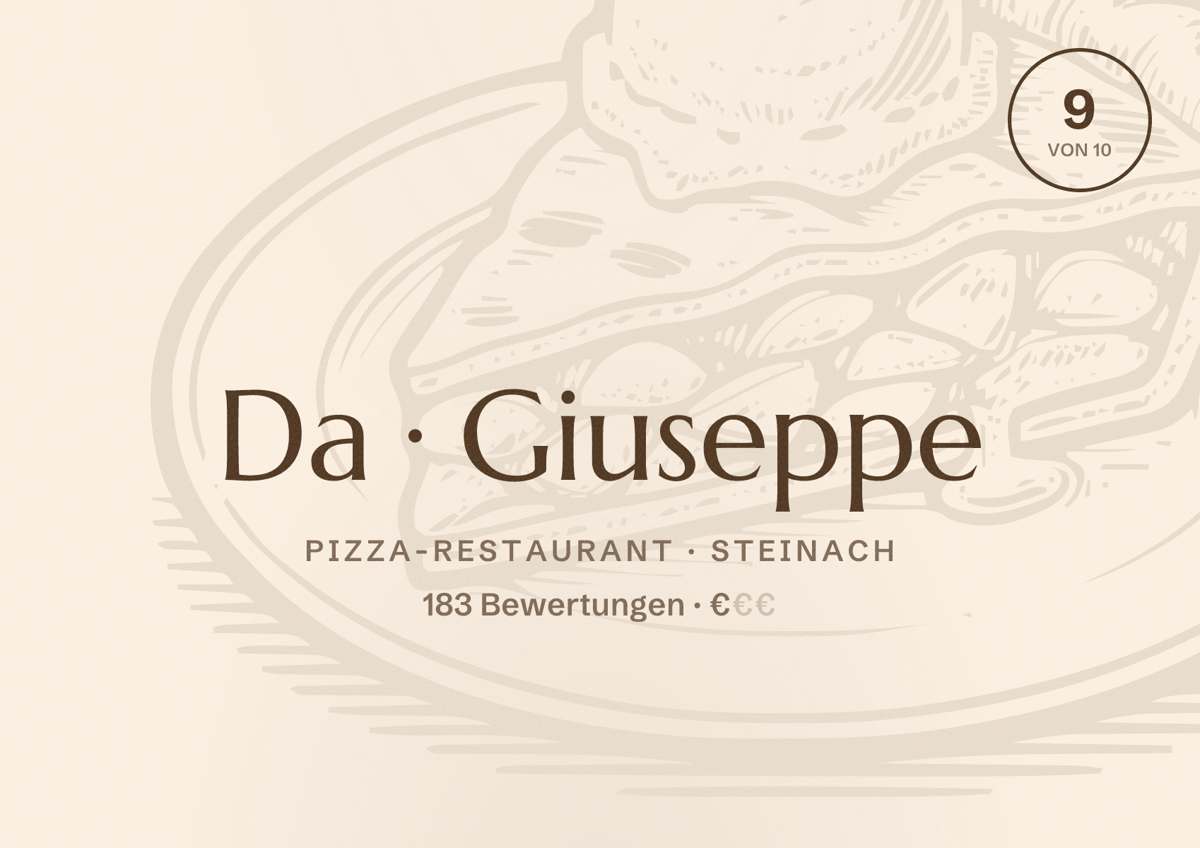 Illustriertes Poster von Da Giuseppe, Pizza-Restaurant in Steinach: Bewertung 9 von 10 aus 183 Bewertungen, Preisniveau €