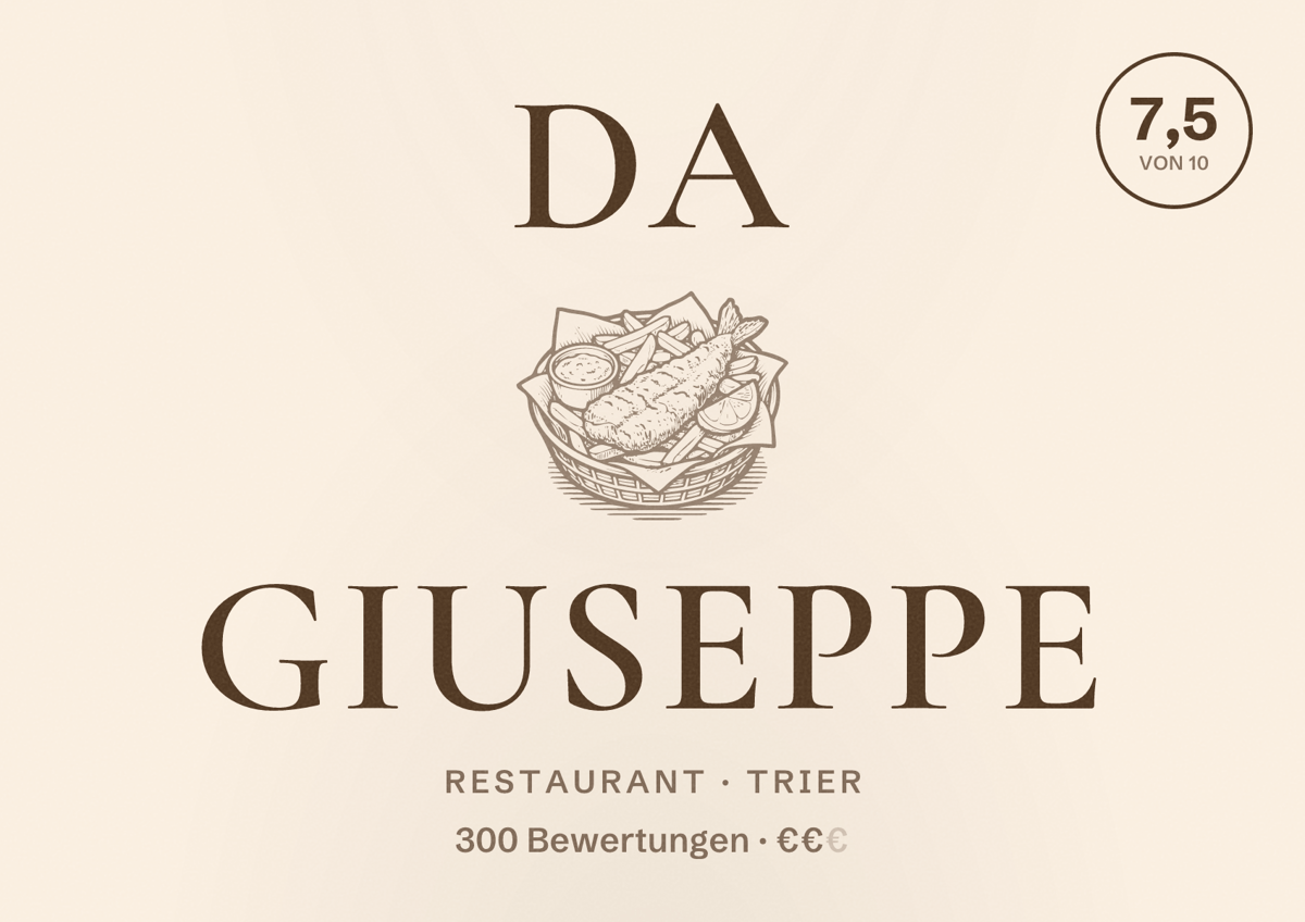 Illustriertes Poster von Da Giuseppe, Restaurant in Trier: Bewertung 7,5 von 10 aus 300 Bewertungen, Preisniveau €€
