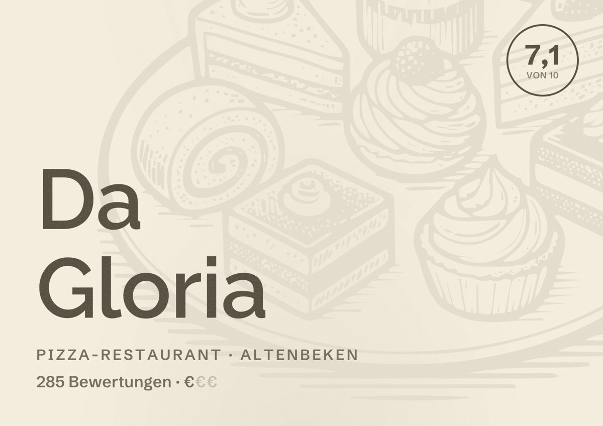 Illustriertes Poster von Da Gloria, Pizza-Restaurant in Altenbeken: Bewertung 7,1 von 10 aus 285 Bewertungen, Preisniveau €
