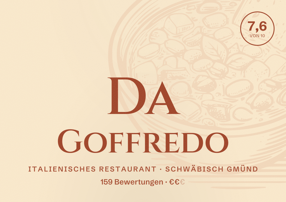 Illustriertes Poster von Da Goffredo, Italienisches Restaurant in Schwäbisch Gmünd: Bewertung 7,6 von 10 aus 159 Bewertungen, Preisniveau €€
