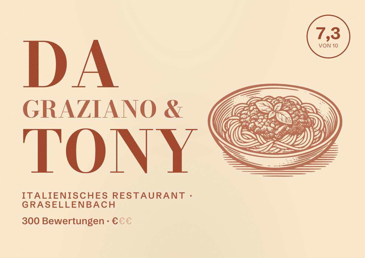 Illustriertes Poster von Da Graziano & Tony, Italienisches Restaurant in Grasellenbach: Bewertung 7,3 von 10 aus 300 Bewertungen, Preisniveau €
