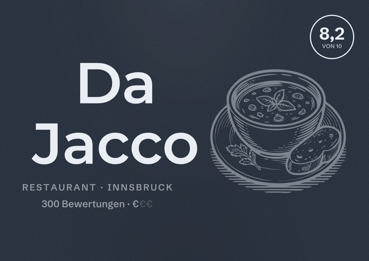 Illustriertes Poster von Da Jacco, Restaurant in Innsbruck: Bewertung 8,2 von 10 aus 300 Bewertungen, Preisniveau €
