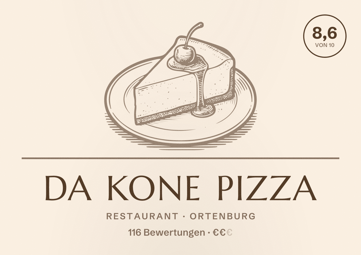 Illustriertes Poster von Da Kone Pizza, Restaurant in Ortenburg: Bewertung 8,6 von 10 aus 116 Bewertungen, Preisniveau €€